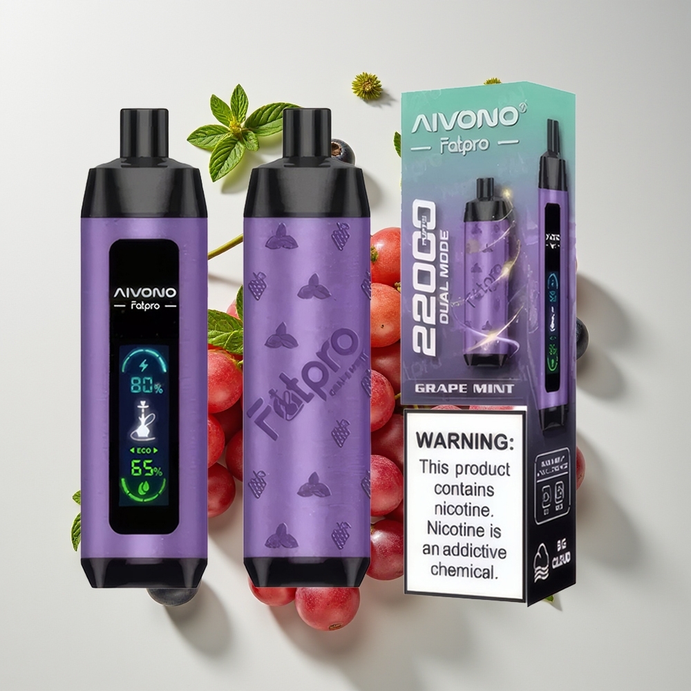 Aivono Aim Fatpro 22000 Hisap Grape Mint 0%-5% Nikotin 28ml E-liquid 600mah Boleh Dicas Semula 0.6 ohm Mesh Coil Eco/Boost Dual Modes