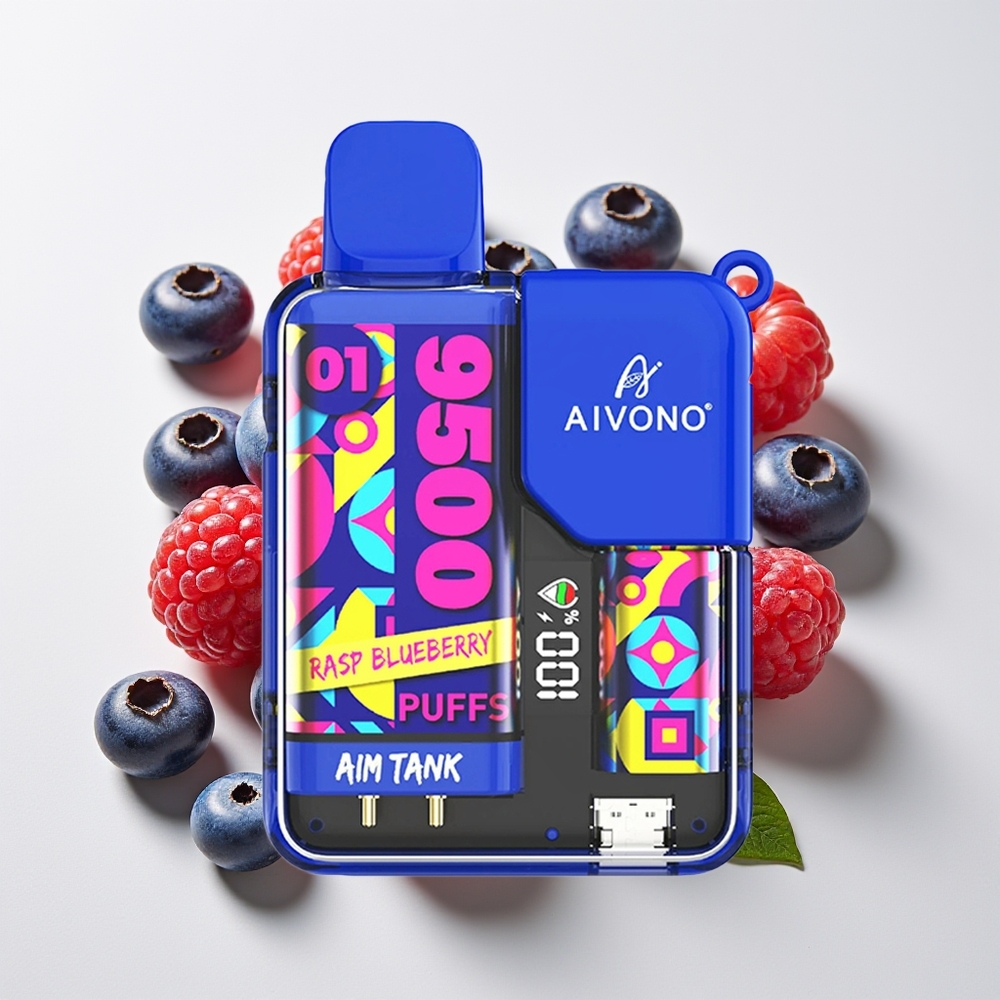 Aivono Aim Tank 9500 Hisap Peranti Vape Rasp Blueberry 18ml 650mAh LCD 1.2ohm Mesh Coil