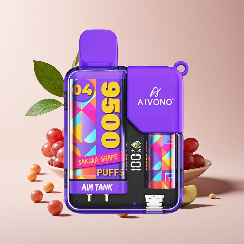 Aivono Aim Tank 9500 Hisap Sakura Anggur dengan 18ml E-cecair, 650mAh Bateri, Paparan LCD, 0%, 2%, 3%, 5% Nikotin, 1.2ohm Mesh Coil