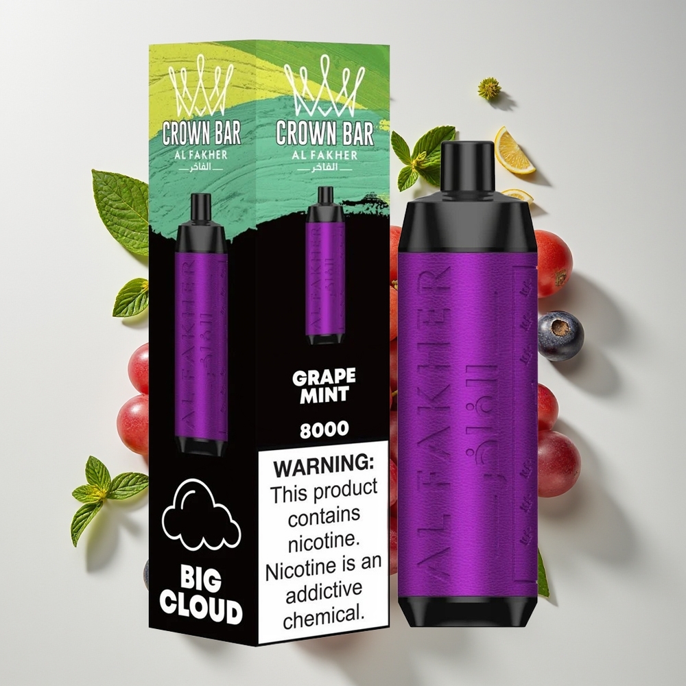 Al Fakher Crown Bar 8000 Mulut Vape Buah Anggur Pudina Kristal Mudah Alih USB-C 18ml 5mg