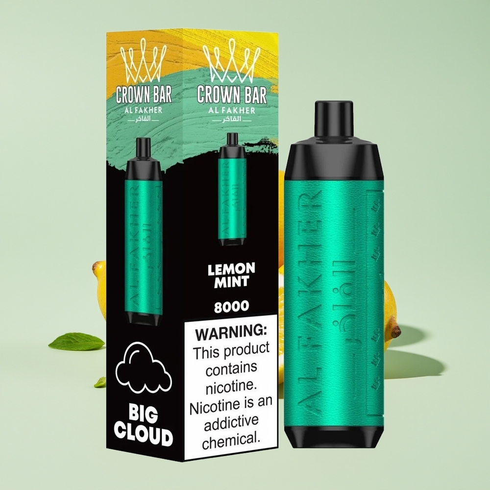 Al Fakher Crown Bar 8000 Mulut Vape Kristal Limau Pudina USB-C 600mAh 18ml 5mg 0.6ohm