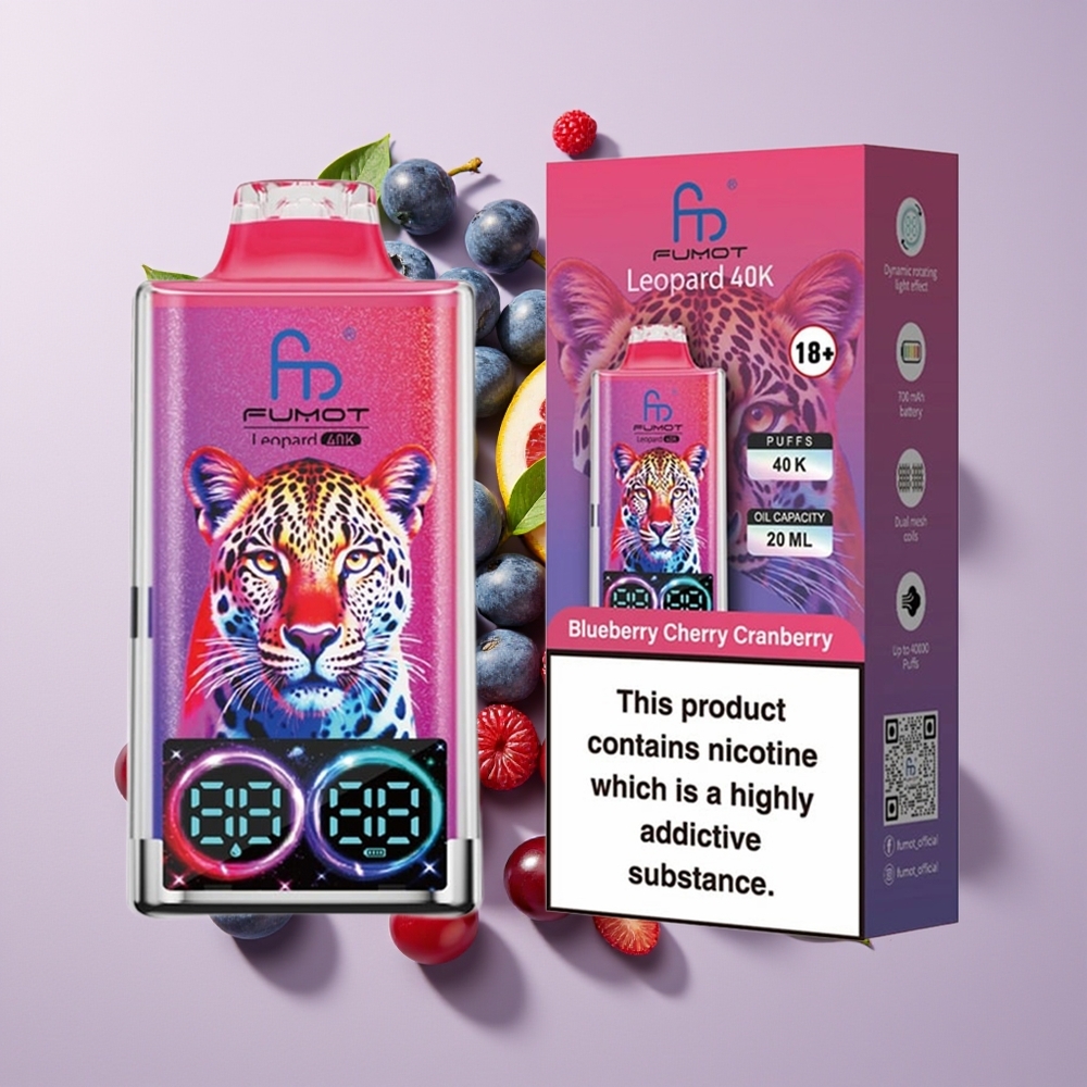 Fumot Harimau 40K Puff Tanpa Nikotin Bateri 700mAh Dual Mesh Type-C Paparan Digital Biru Ceri Kranberi