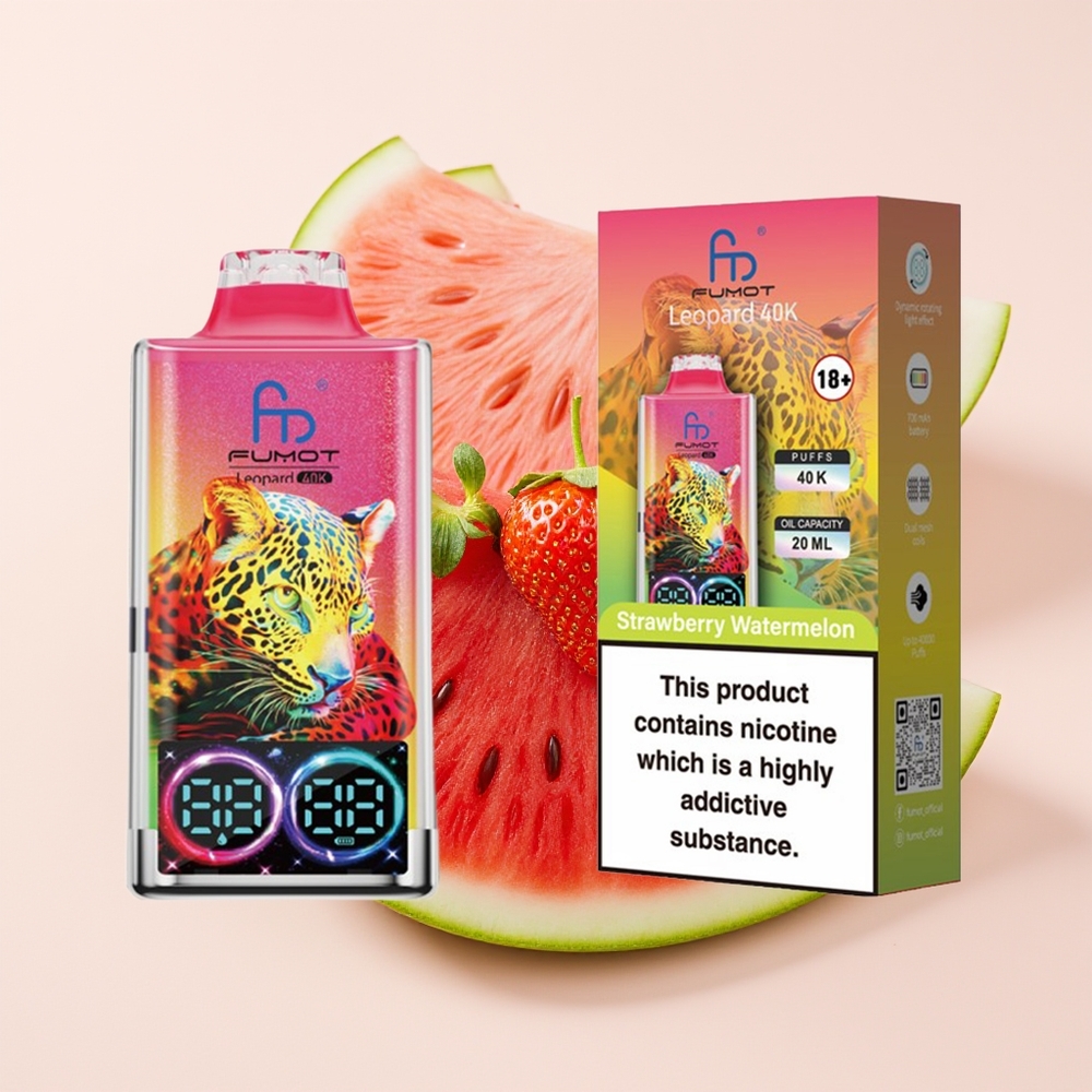 Fumot Leopard 40K Hisup Vape Disposable Strawberi Tembikai 0%/2%/3%/5% Nikotin 700mAh Dual Mesh Type-C Paparan Digital Tiub Minyak