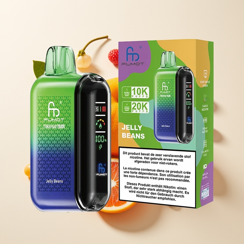 Fumot Tornado 20000 Hisap Dual Mesh 20ml Bateri 850mAh Paparan Pintar Kawalan Aliran Udara 2% Nikotin Mod Enjin Tunggal Jeli Kacang