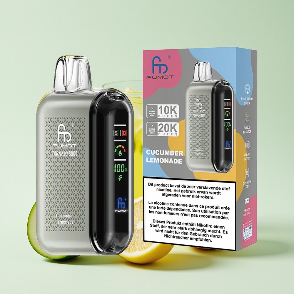 Fumot Tornado 20000 Hisap Dual Mesh Coil 20ml E-liquid 850mAh Bateri Boleh Dicas Paparan Pintar Kawalan Aliran Udara 2% Kekuatan Nikotin Mod Enjin Tunggal Timun Limau