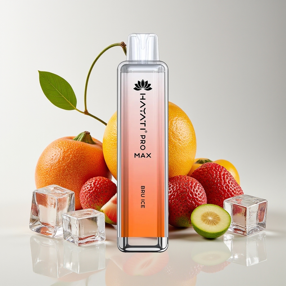 Hayati Pro Max 4000 Hisap Vape Disposable Bru Ais dengan Bateri 1400mAh, Kekuatan Nikotin 2%/5%, dan Reka Bentuk Kristal.
