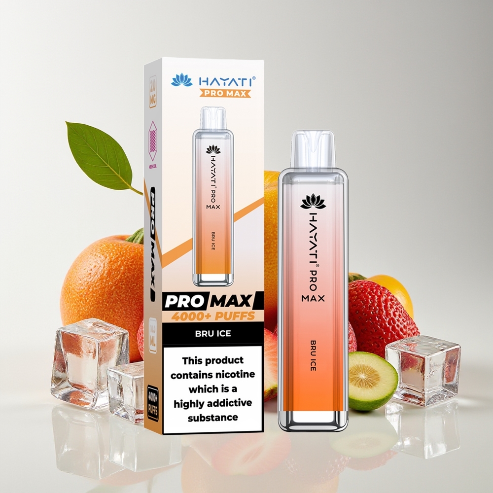 Hayati Pro Max 4000 Hisap Vape Disposable Bru Ais dengan Bateri 1400mAh, Kekuatan Nikotin 2%/5%, dan Reka Bentuk Kristal.