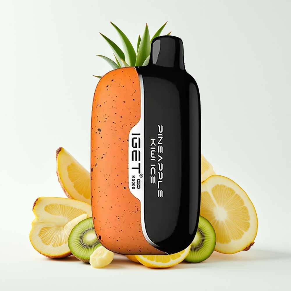 IGET Moon 5000 Puff Nanas Kiwi Ais (Berat Bersih: 81.5 g, Saiz: 49.5x25.3x99.4 mm, PC, Mesh Coil 1.35 Ohm)