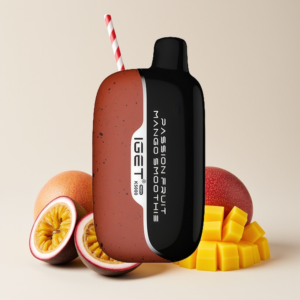 IGET Moon 5000 Puff Smoothie Mangga Markisa Berat Bersih 81.5 g Bahan PC Saiz 49.5x25.3x99.4 mm