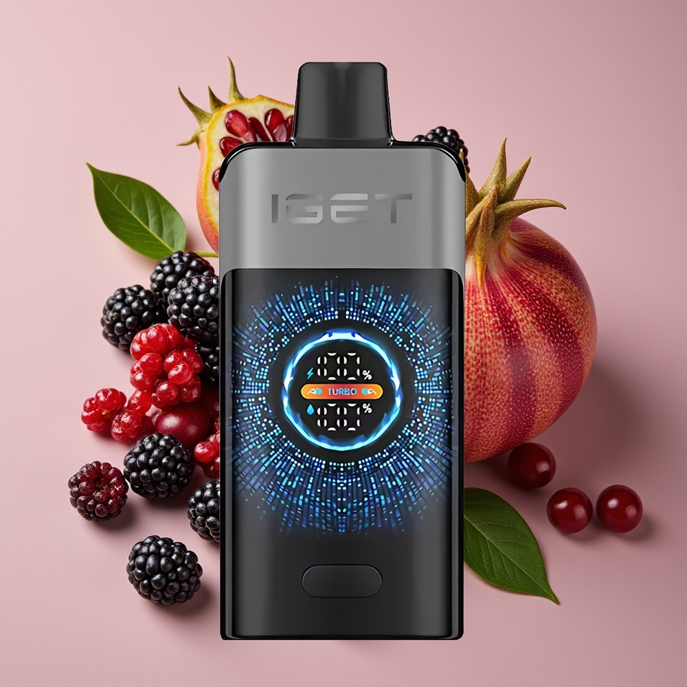 IGET ONE 12000 Hisap Vape Pakai Buang Blackberry Ceri Delima dengan Mod Biasa, Mod Turbo, Bateri 2700 mAh, Skrin Warna Melengkung Besar