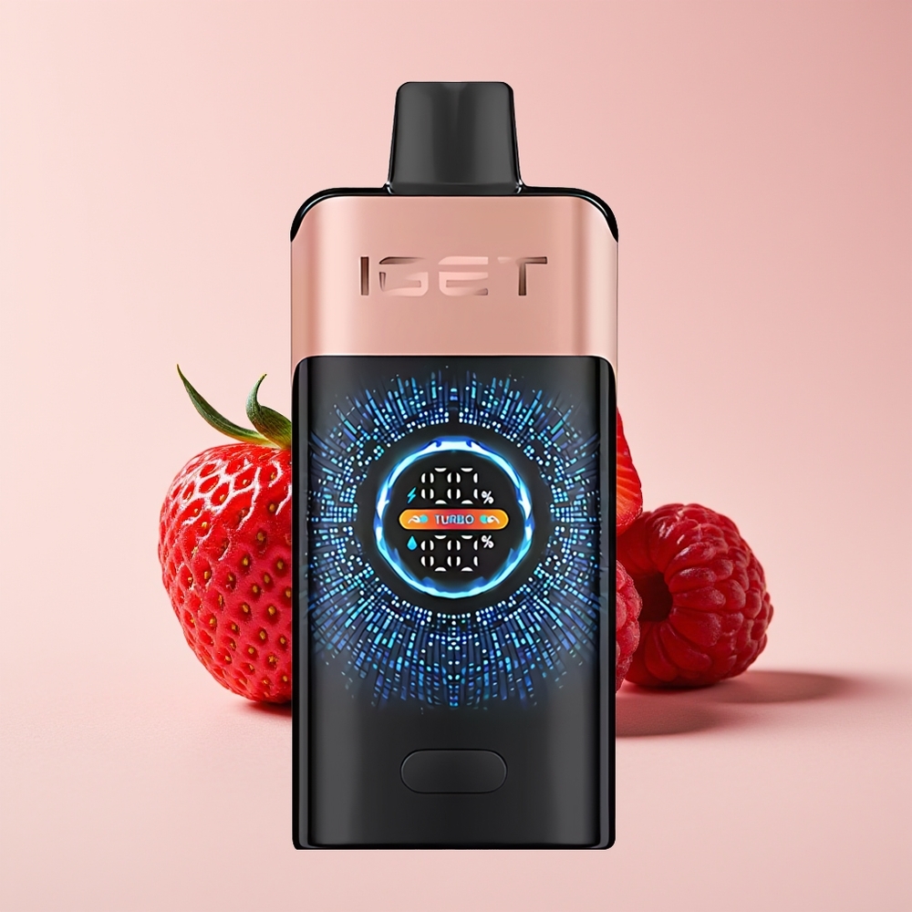 IGET ONE 12000 Puff Vape Disposable Strawberi Raspberi dengan Skrin Warna Melengkung Besar dan Bateri 2700 mAh