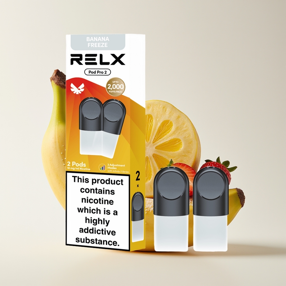 Relx Pod Pro 2 600 Hisap 1.9ml 2/3 Pod Pilihan 3 Voltan Penyesuaian Pencuci Mulut-Pisang Beku