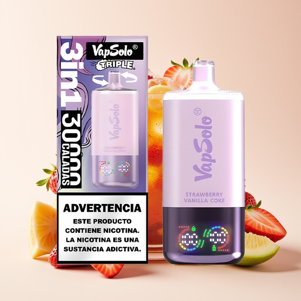 VapSolo Triple 30000 Puff 3 Tangki E-Cair 40ml Type-C Strawberi Vanila Koka