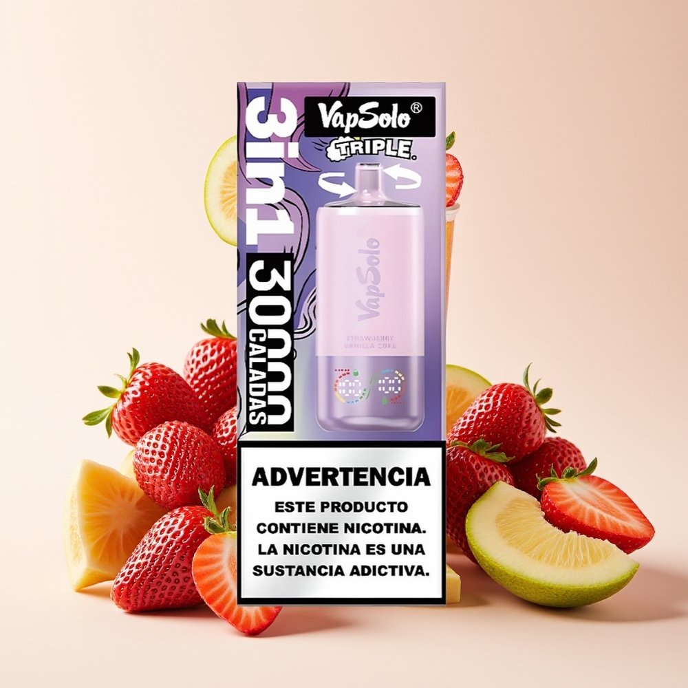 VapSolo Triple 30000 Puff 3 Tangki E-Cair 40ml Type-C Strawberi Vanila Koka