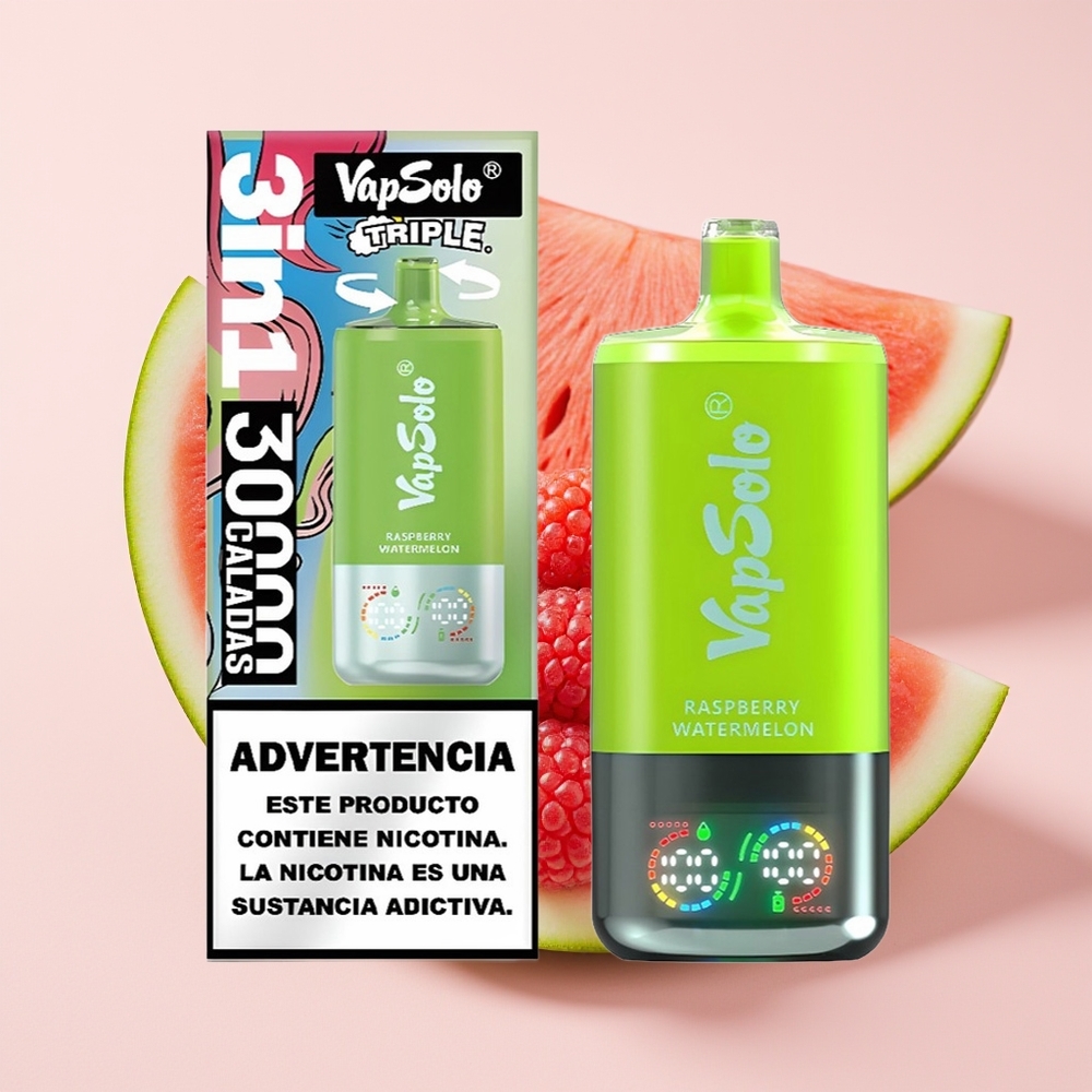 VapSolo Triple 30000 Puff 40ml 3 Tangki Tipe-C Raspberi Tembikai