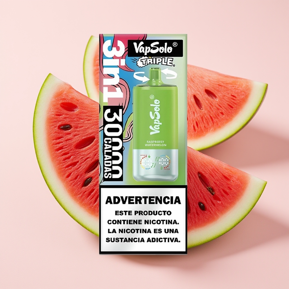 VapSolo Triple 30000 Puff 40ml 3 Tangki Tipe-C Raspberi Tembikai