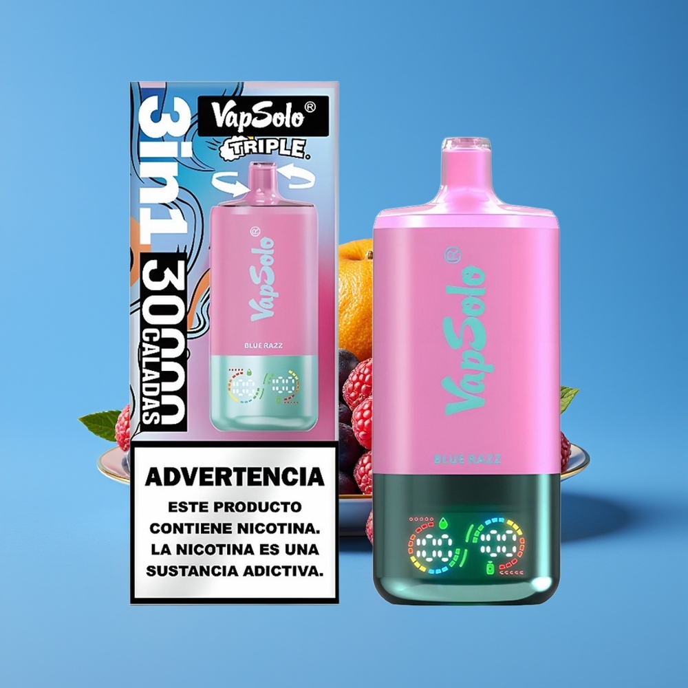 Vapsolo Triple 30000 Puff 40ml 3 Tangki Jenis-C Razz Biru Disposable Vape