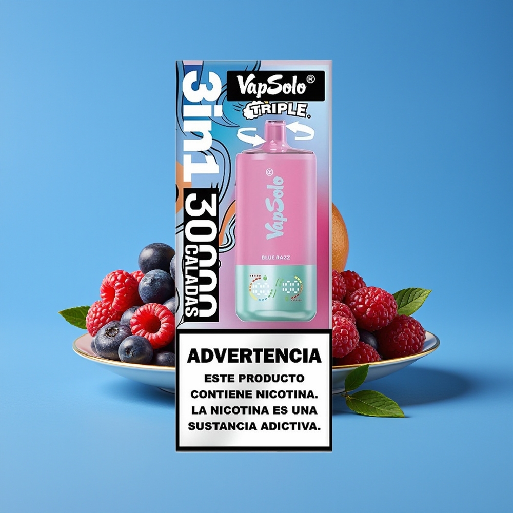 Vapsolo Triple 30000 Puff 40ml 3 Tangki Jenis-C Razz Biru Disposable Vape