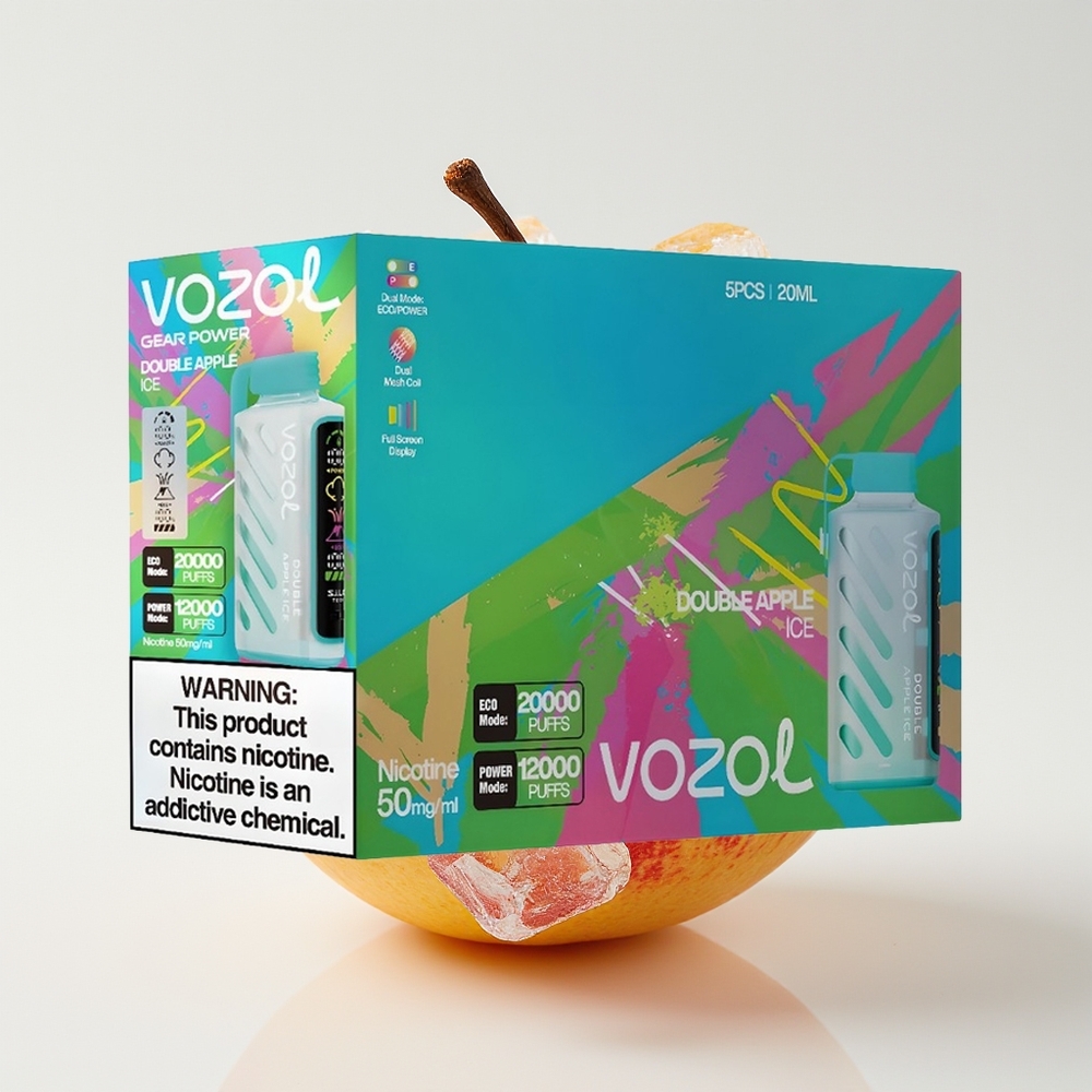 VOZOL Gear Power 20000 Hisapan Double Epal Ais dengan Teknologi S.i.L.C., Mod ECO 20000 Hisapan, Mod POWER 12000 Hisapan, Dual Mesh Coil, Skrin Penuh, 20mL, 5%(50mg)