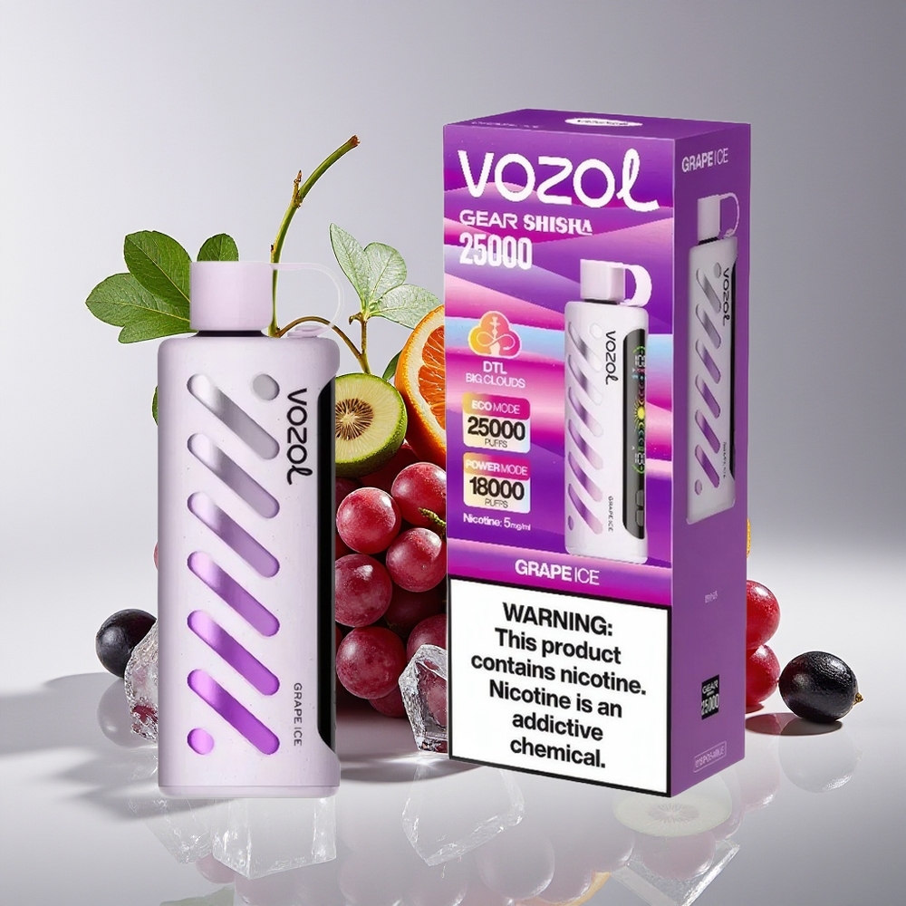 VOZOL Gear Shisha 25000 Hisap Ais Anggur Vape dengan 30 Rasa Lazat, S.i.L.C Tech, Dua Mod Mesh, Bateri 1000mAh, Nikotin 5mg/ml
