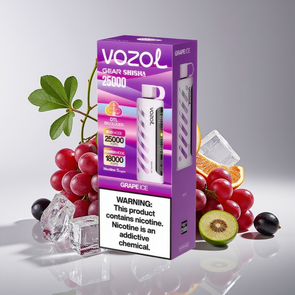 VOZOL Gear Shisha 25000 Hisap Ais Anggur Vape dengan 30 Rasa Lazat, S.i.L.C Tech, Dua Mod Mesh, Bateri 1000mAh, Nikotin 5mg/ml