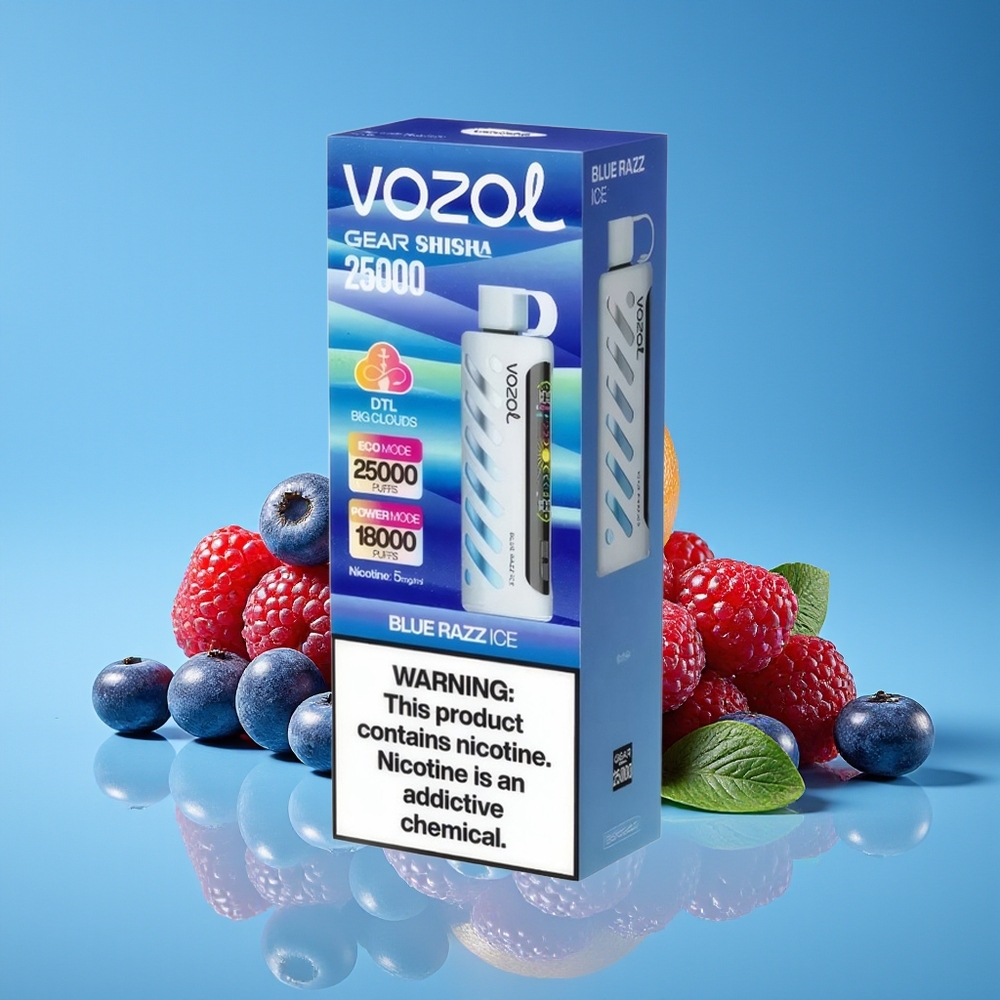 VOZOL Gear Shisha 25000 Hisap Peranti Vape Razz Biru Ais dengan 30 Rasa, Teknologi S.i.L.C, Dua Mod Mesh, Bateri 1000mAh, Nikotin 5mg/ml