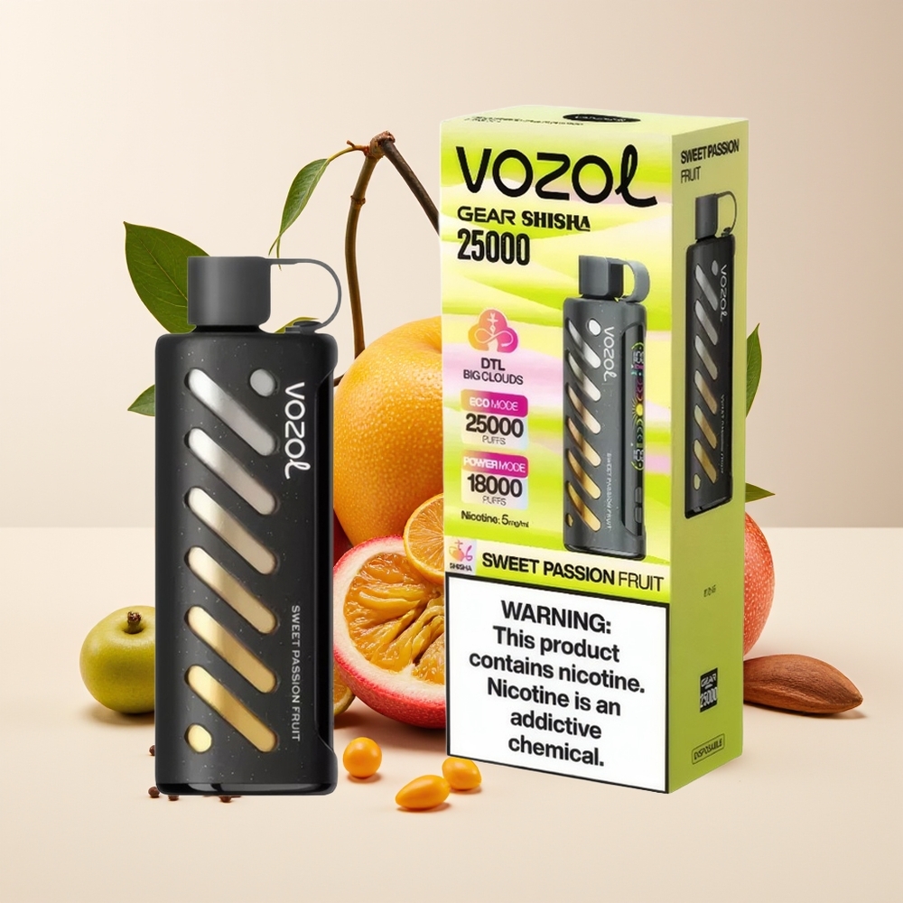 VOZOL Gear Shisha 25000 Hisap Vape Buah Markisa Manis dengan 30 Rasa, S.i.L.C Tech, Dual Mesh Dual Modes, 1000mAh, 5mg/ml Nikotin