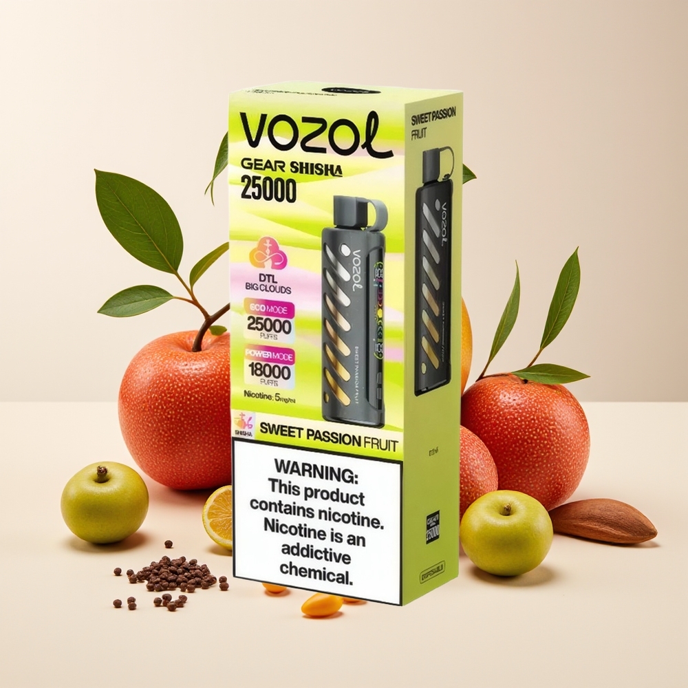 VOZOL Gear Shisha 25000 Hisap Vape Buah Markisa Manis dengan 30 Rasa, S.i.L.C Tech, Dual Mesh Dual Modes, 1000mAh, 5mg/ml Nikotin